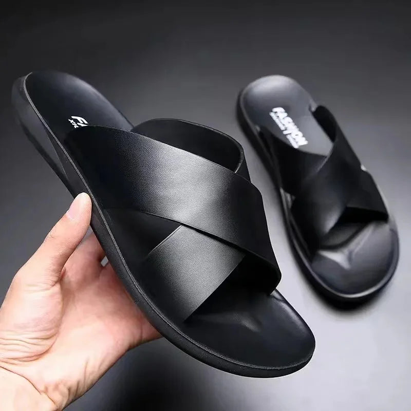 Men's Slippers Fashion Leather Slippers Outdoor Non Slip Beach Shoes for Men Light EVA Soft Sole Slippers 2025Summer New Slides