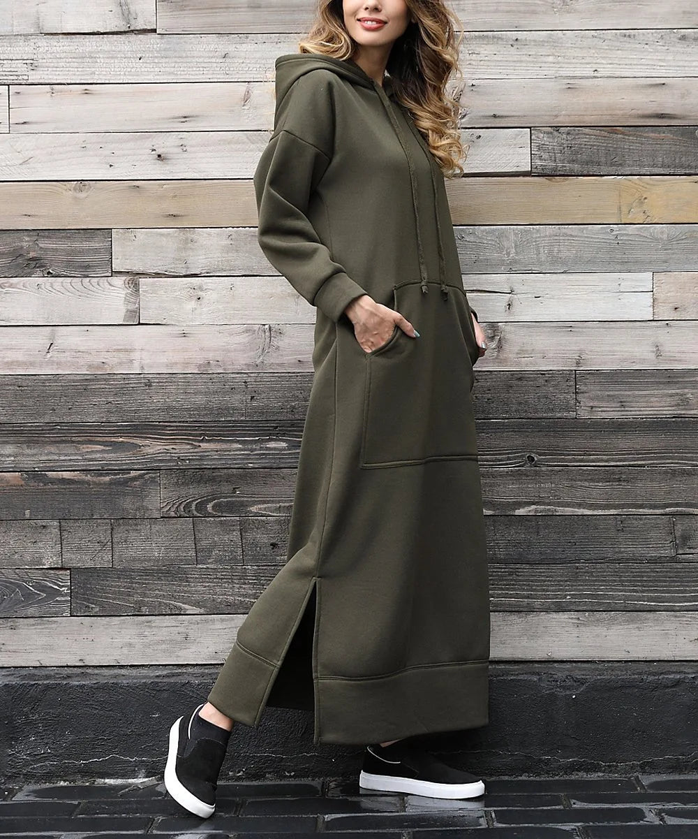 Autumn Winter New plus Size Loose Knitted Long Dress Hoodie Fleece Casual Fashion Dress Large Pocket Skirt Elegant Commute