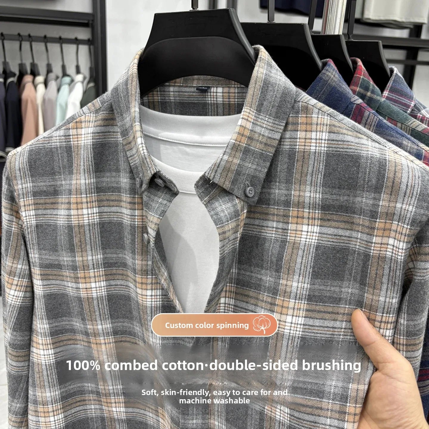 Pure Cotton Flannel Plaid Long Sleeve Casual Shirt for Men Spring Autumn New Style Retro Cross-Border Checkered Shirt