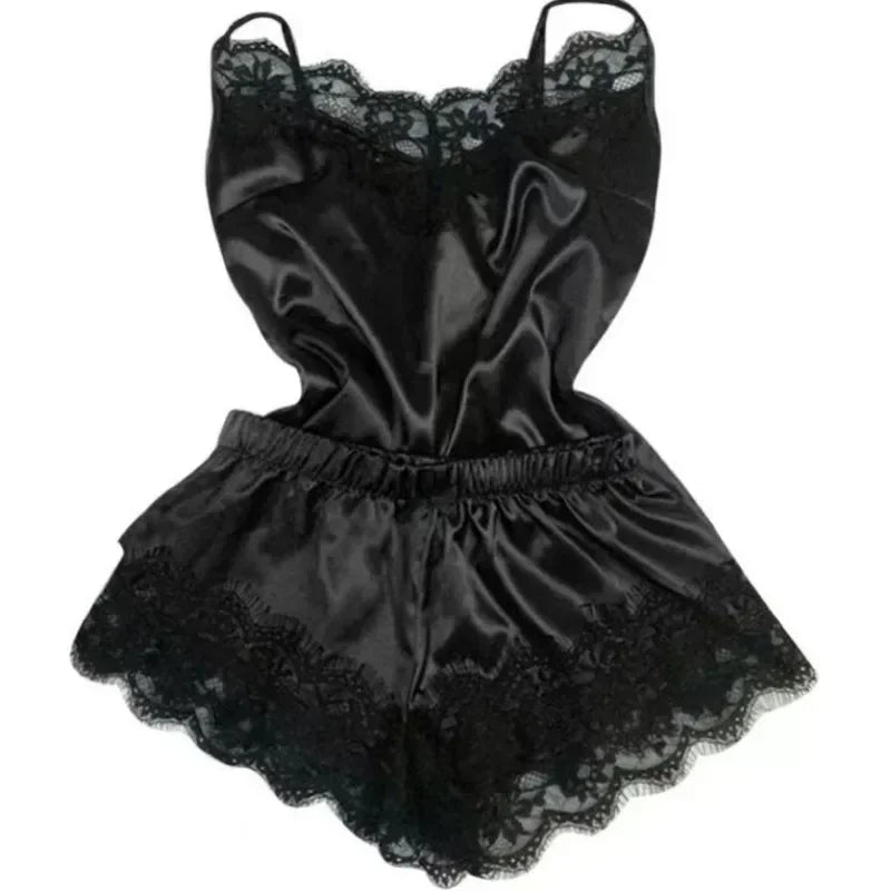 Summer Lace Silk Pajama Set for Women Sexy Sleepwear Lingerie 2 Pieces Cami Top and Shorts Sets Comfortable Casual Lounge