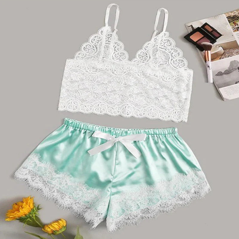 Women's 2 Piece Sexy Lace Pajama Set See-through Bralette Cami Top And Shorts Breathable Sleepwear Plus Size Summer Lingerie