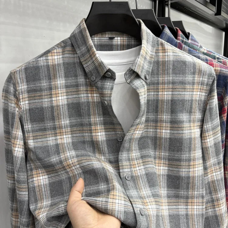 New 2025 Men's Long Sleeve Cotton Shirt Fleece Business Casual Easy Care Youth Outerwear Top Polyester Fiber Cool Sensation