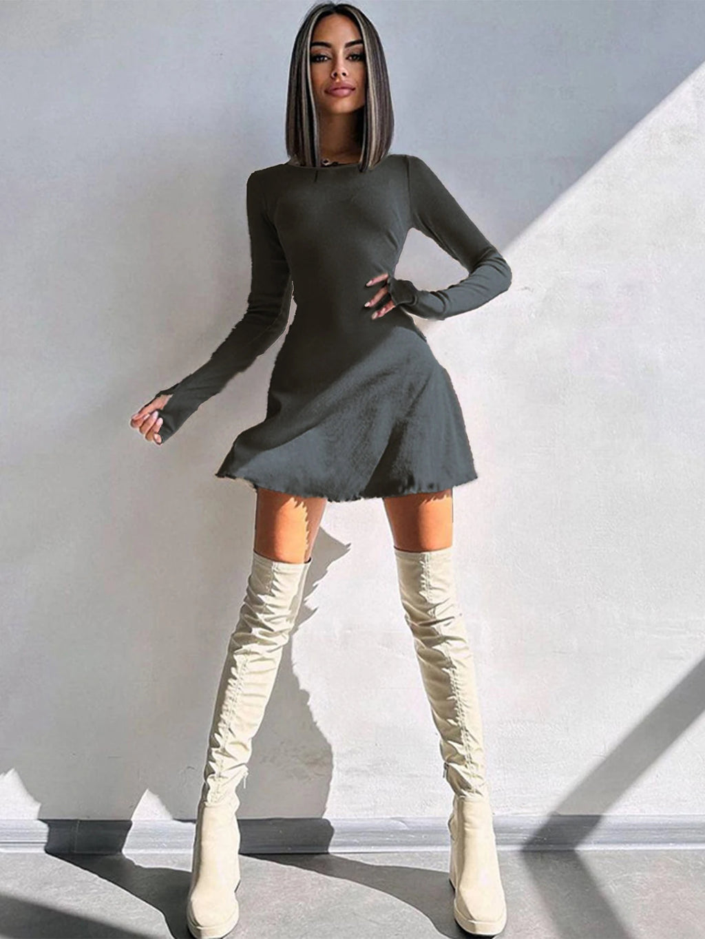 Women's Sexy Club Long Sleeve Mini Bodycon Dress Suitable For Nightclub, Family Party, Vacation, Leisure