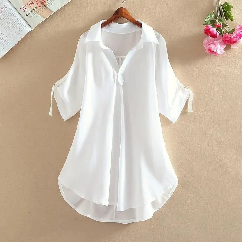 Women's Slimming Chiffon Top 2024 Summer New Style Medium-Length Short Sleeves Plus Size Loose-Fit Waist-Fitted Shirt
