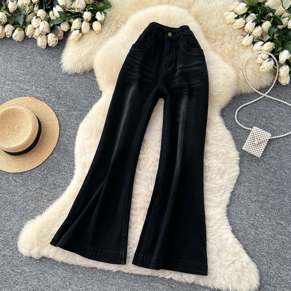 SINGREINY Female Do Old Vintage Jeans Zipper Casual Trendy Street Long Pants Chic High Waist Classic Versatile Boot Cut Trousers