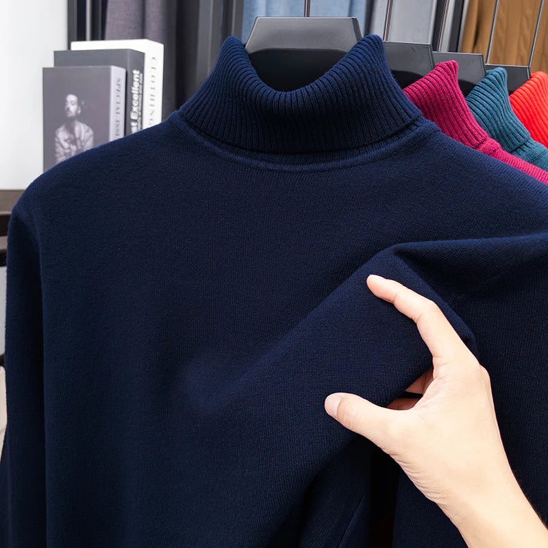 Autumn Mens High Quality Knitted Turtleneck Sweater Slim Fit Long Sleeve Anti-pilling Pullover Solid Color Trend Men Streetwea