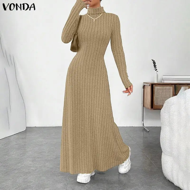 VONDA Women Turtleneck Sweater Dresses Autumn Long Sleeve Knitted Maxi Vestidos Elegant Office Streetwear Solid Party Robe Femme