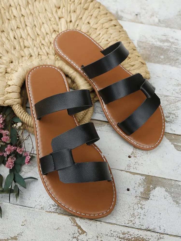 Women's Solid Color Slides, Lightweight Flat Slip On Walking Slides, Comfort Beach Slides