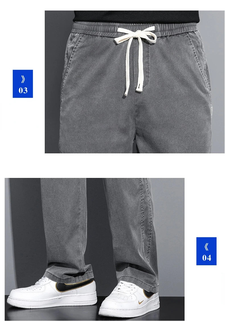 High Quality Summer Lyocell Fabric Men's Jeans Thin Straight Pants Drawstring Elastic Waist Korea Casual Trousers Plus Size