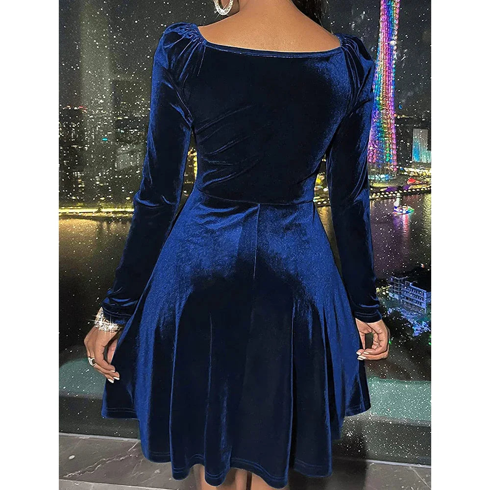Women's Dresses Autumn Winter Decent Plain Long Sleeve Plunge Neck Nipped Waists Mini A-Line Party Dresses