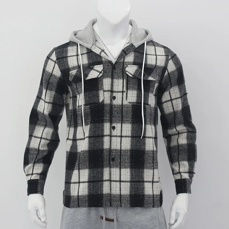 Heavy New Loose Casual Flannel Jacquard Long-Sleeved Hooded Plaid Shirt for Work Business Autumn 2025