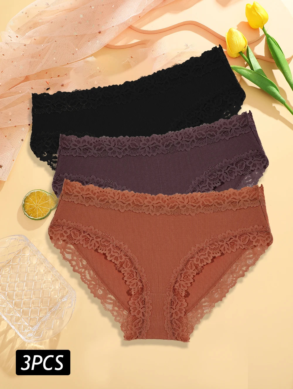 3PCS/Set Sexy Lace Cotton Panties for Women Flroal Lace Seamless Briefs Low Rise Lingerie Female Breathable Soft Underwear S-XL