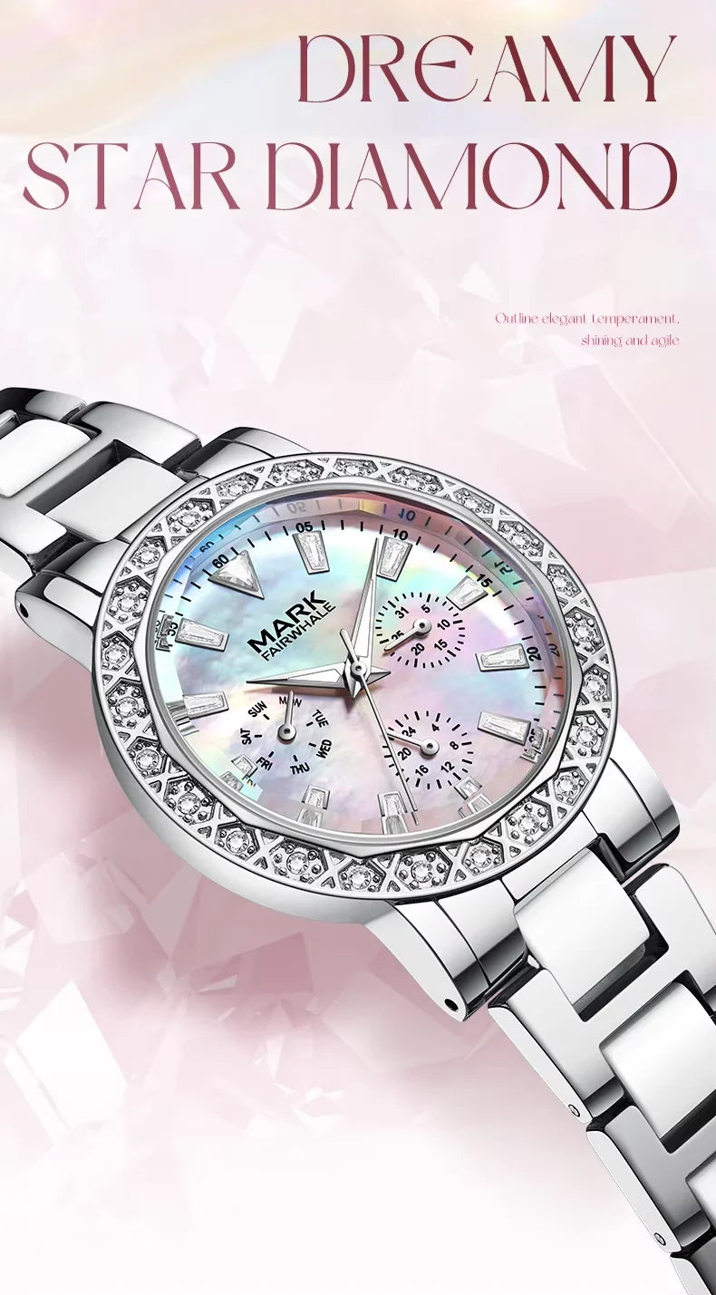 Mark Fairwhale Dress Pink Diamond Watch For Women Fashion Ceramic Chain Quartz Watch Luxury Brilliant Beimu Wristwatch Ladies