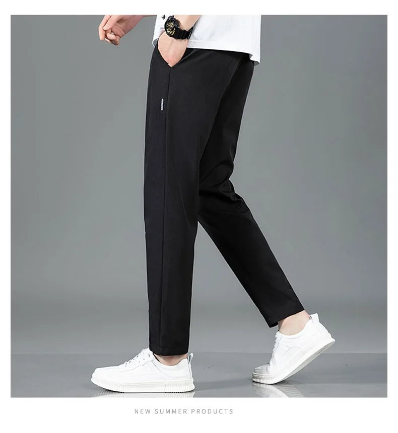 Summer Ice Silk Men's Pants Black Gray Thin Business Casual Pants Plus Size Outdoor Elastic Breathable Straight Leg Sweatpants