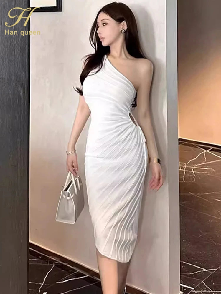 Women Elastic Summer Simple Party Dresses Sexy Irregular One Shoulder Stripe Sheath Pencil Dress