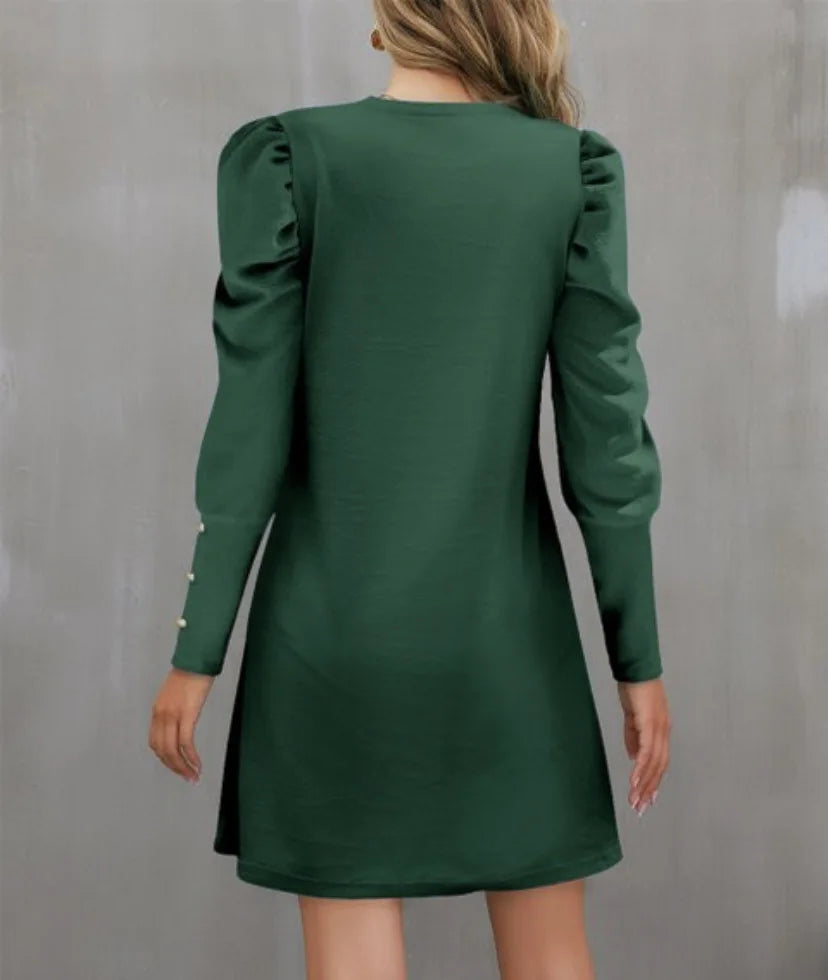 2025 Spring and Autumn New Round Neck Bubble Sleeve Button Decorative Long Sleeve Dress