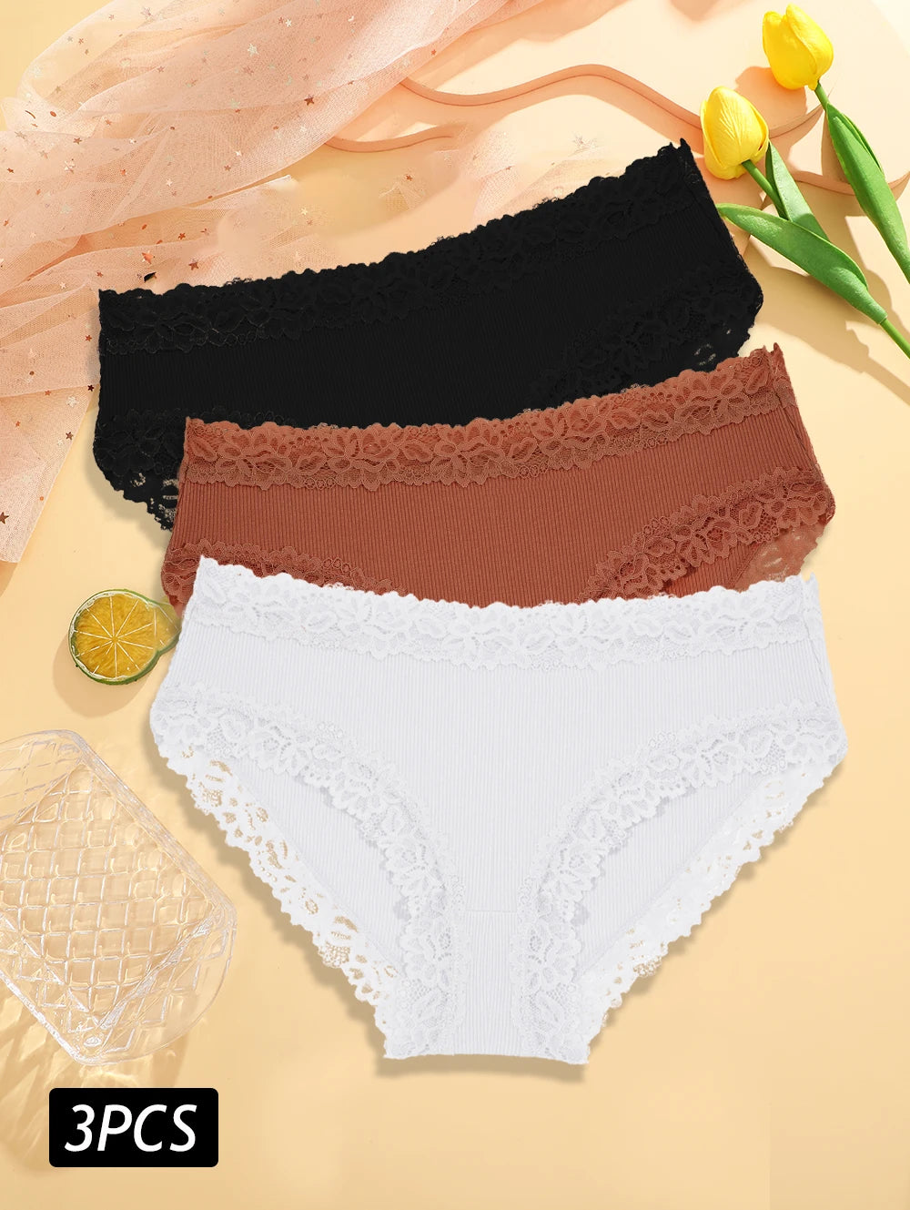 3PCS/Set Sexy Lace Cotton Panties for Women Flroal Lace Seamless Briefs Low Rise Lingerie Female Breathable Soft Underwear S-XL