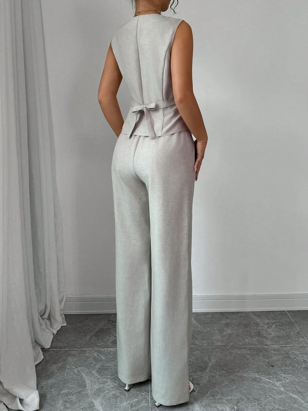 Spring Summer New Women Suit Two Piece Set Retro V Neck Single Breasted Waist Vest Wide Leg Pants Casual Commuter Outfit