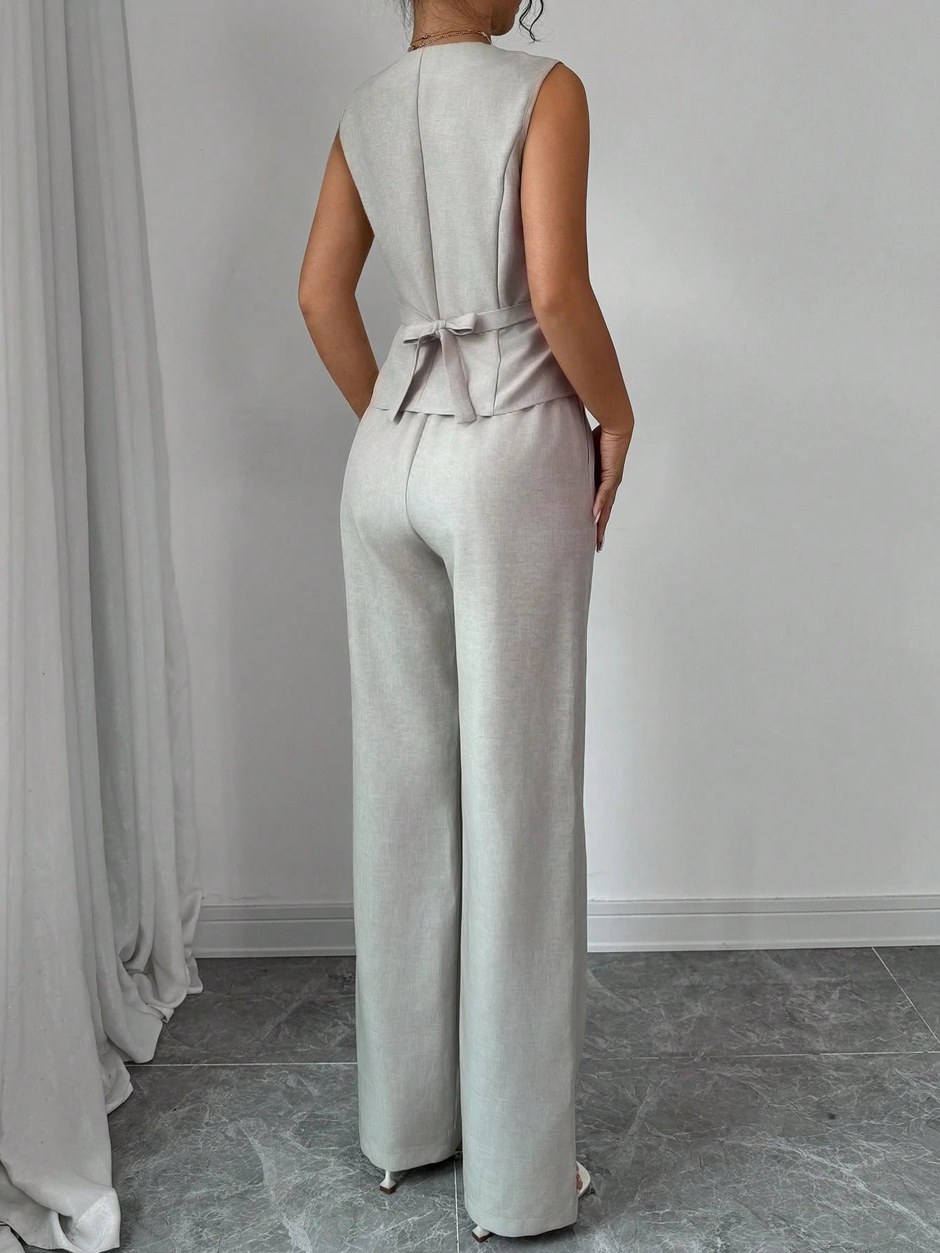 Spring Summer New Women Suit Two Piece Set Retro V Neck Single Breasted Waist Vest Wide Leg Pants Casual Commuter Outfit