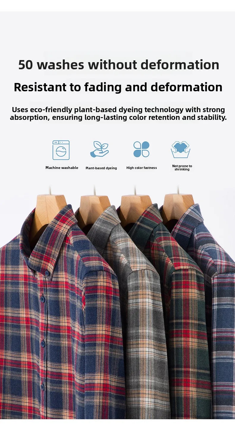 Men's Plaid Long Sleeve Shirt Fleece Finish Casual Style High End Feeling Autumn Winter Collection Fashionable Youth Urban Wear