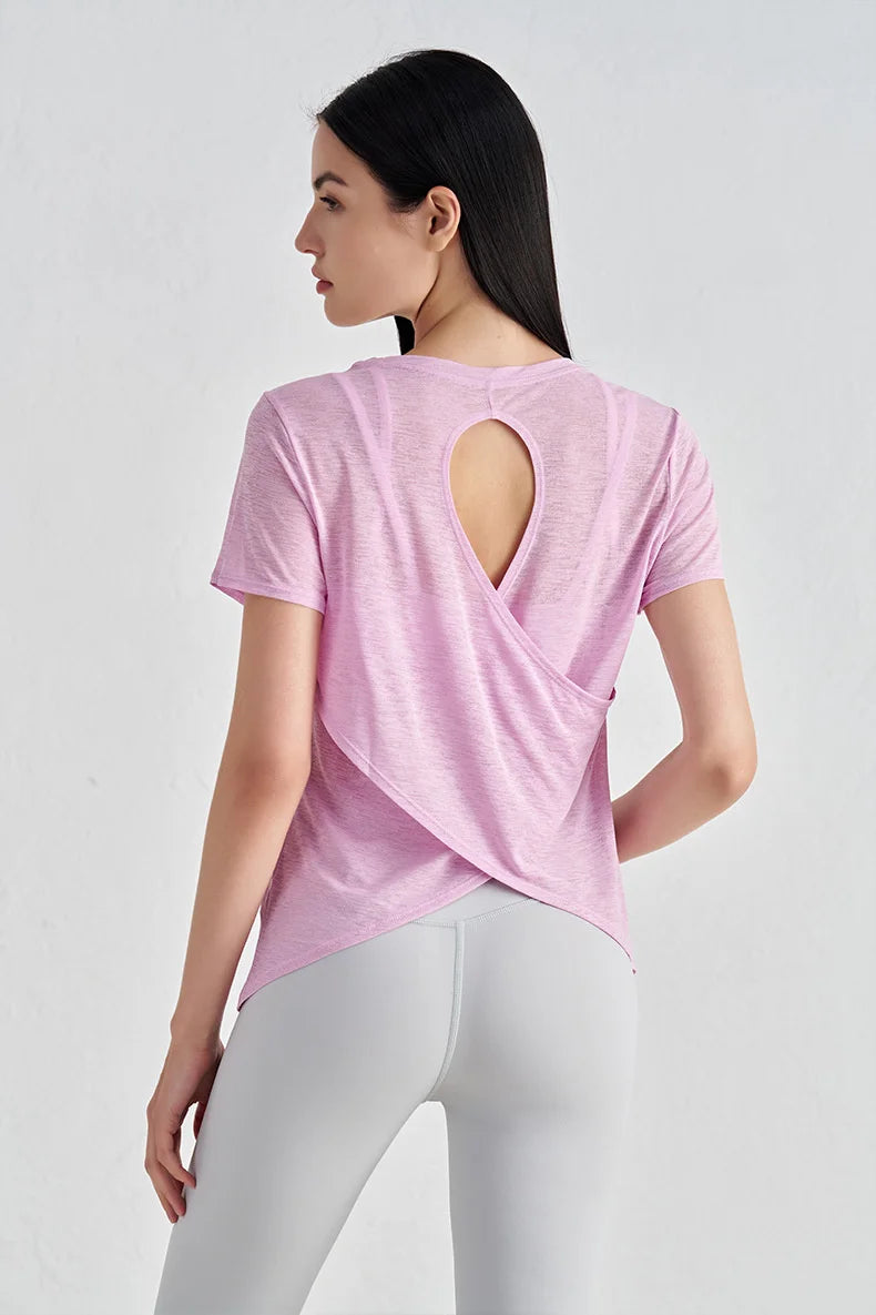 TRY TO BN Gym Tops Women Short Sleeve Sports Fitness Nylon Hollow Back Breathable Women's T-Shirt Training Runing Yoga Clothing