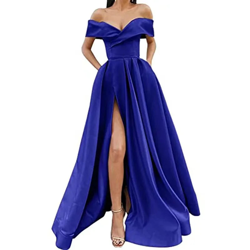 Women's Deep V-neck Dress Elegant Long Skirt High Waist Polka Dot Satin Gown No Sleeve Gathered Princess Style for Party