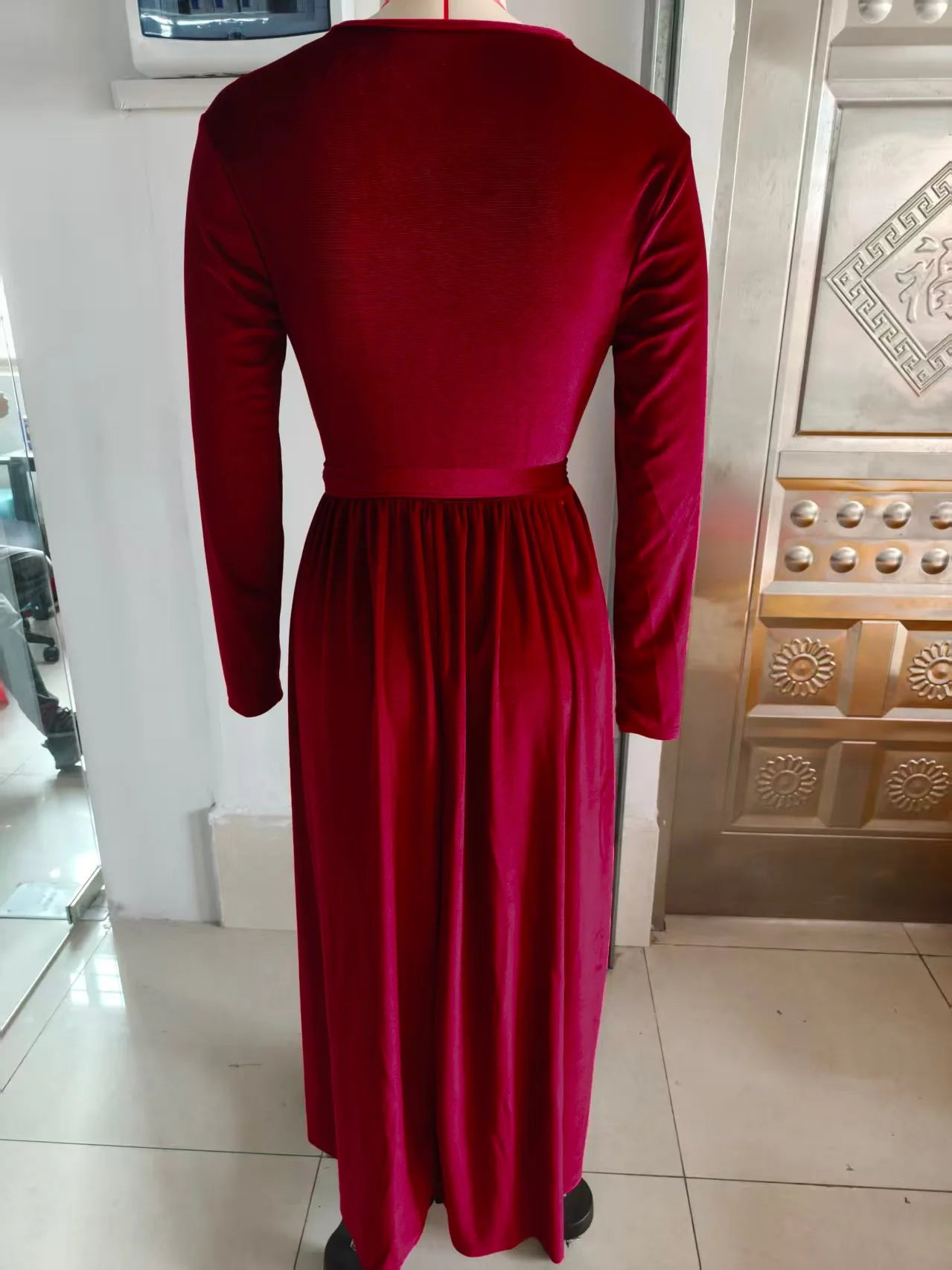 Elegant Women's German Velvet Long Sleeve Dress Autumn Winter New Slim Fit Fashion Waist Tie Female Bridesmaid Long Pocket Dress