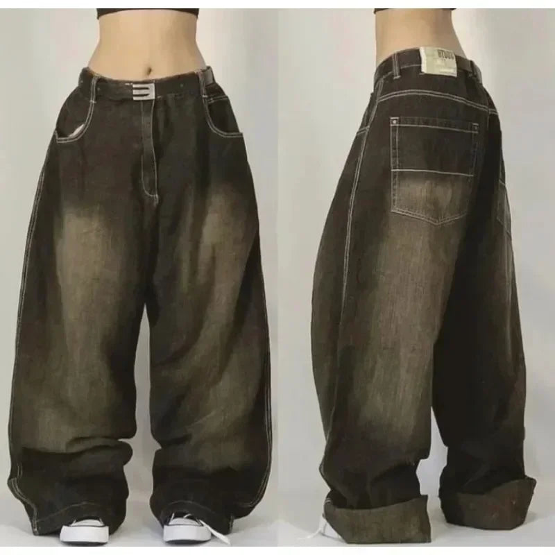 American Hip-hop Retro Loose Jeans Women's Y2K New Tide Harajuku High Waist Wide leg Pants Gothic Wide Pants Street Pants Male