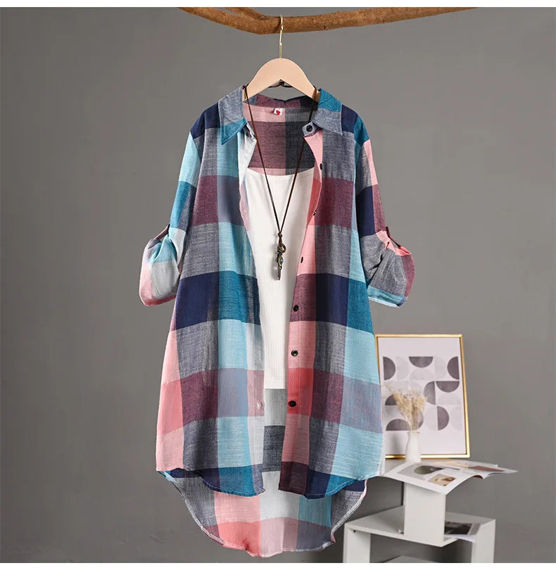 Women's Plaid Shirt Casual Blouses Woman Tops for Women Long Sleeve Long Sleeve Shirts Chic Blouse Check Linen Cotton Clothing