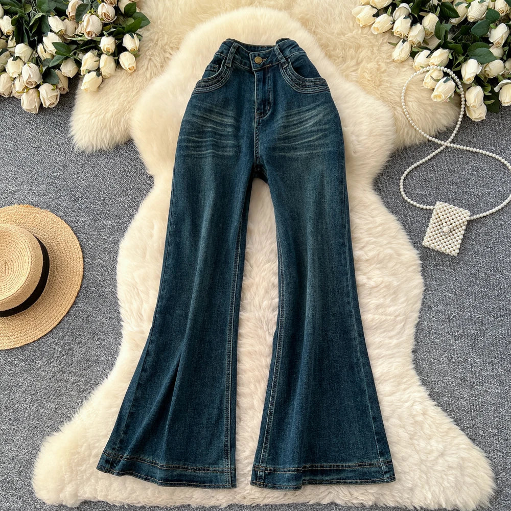 SINGREINY Female Do Old Vintage Jeans Zipper Casual Trendy Street Long Pants Chic High Waist Classic Versatile Boot Cut Trousers