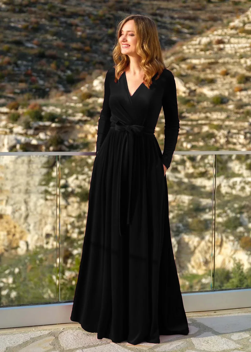 Elegant Women's German Velvet Long Sleeve Dress Autumn Winter New Slim Fit Fashion Waist Tie Female Bridesmaid Long Pocket Dress