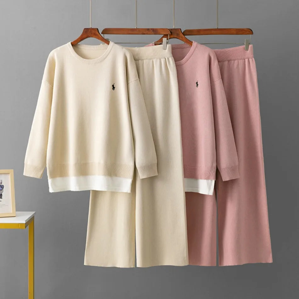 Spring Autumn Women Fashion Casual Suit New  Version Round Neck Loose Fake Two-piece Sweater Wide-leg Pants Two-piece Set