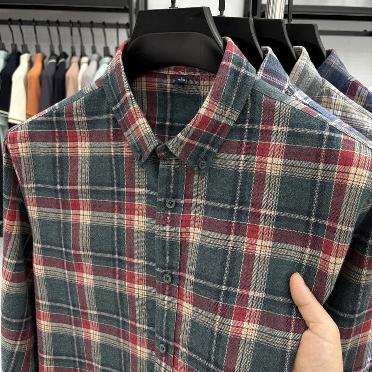 New 2025 Men's Long Sleeve Cotton Shirt Fleece Business Casual Easy Care Youth Outerwear Top Polyester Fiber Cool Sensation