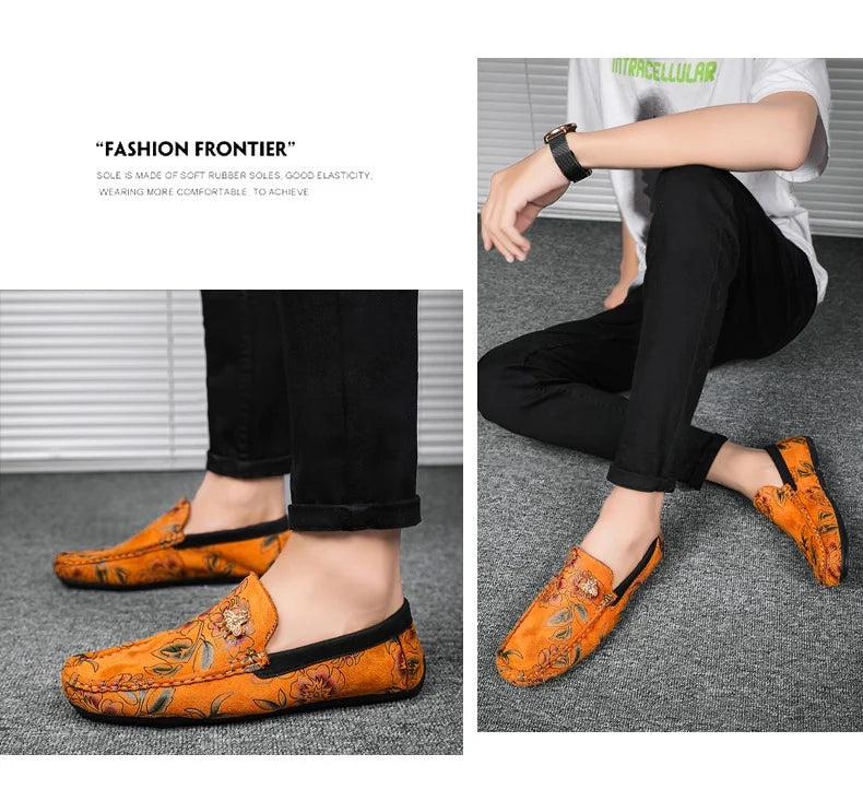 Luxury Brand Yellow Men Casual Shoes Fashion Flower Print Loafers Men Designer Flat Shoes Comfortable Slip-on Male Driving Shoes