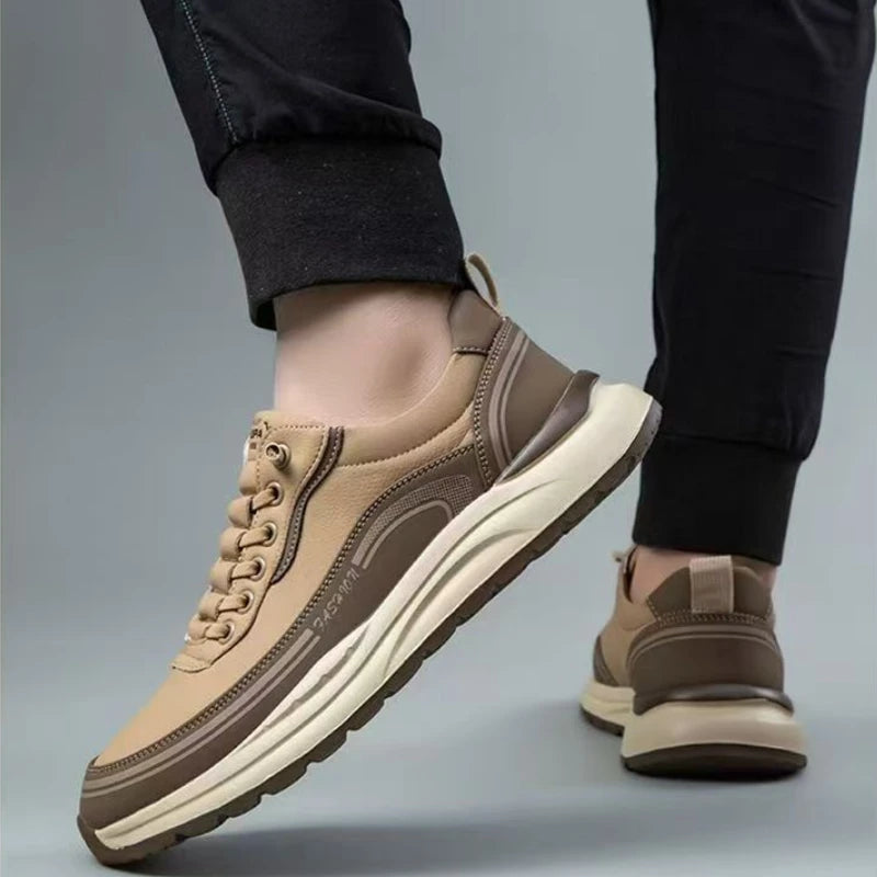 Brand Men's PU Leather Casuals Tendon Sole Lace Up Platform Work Shoes Low Top Light Non-slip Outdoor Versatile Vulcanized Shoes