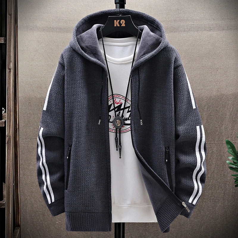 Mens Fashion Sweater Cardigan Fleece Lined Hood Sweaters Jacket Retro Sweaters Coat Zipper Up Knit Cardigans