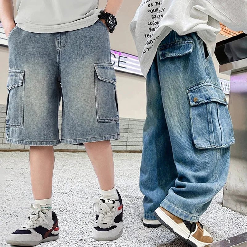 Boys Wide Leg Cargo Jeans 5-14 Years Spring Autumn Fashion Casual Streetwear Kids Retro Trendy Straight Loose Fit Sweatpants