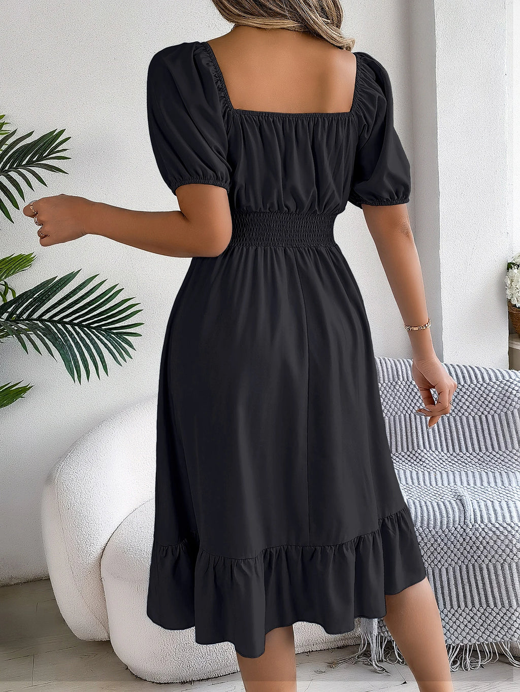 Spring Summer Elegant High Waisted Dress Square Neck Short Sleeved Ruffled Edge Long Dresses for Women 2026 Valentine's Day