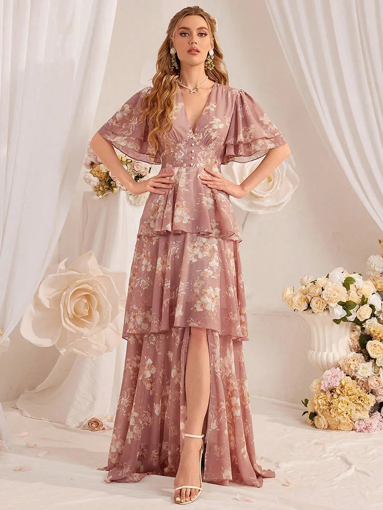 TOLEEN New in 2024 Casual Deep V-Neck Slim Floral Printed Tiered Ruffle Hem Long Dresses Fashion Summer Elegant Women's Clothing
