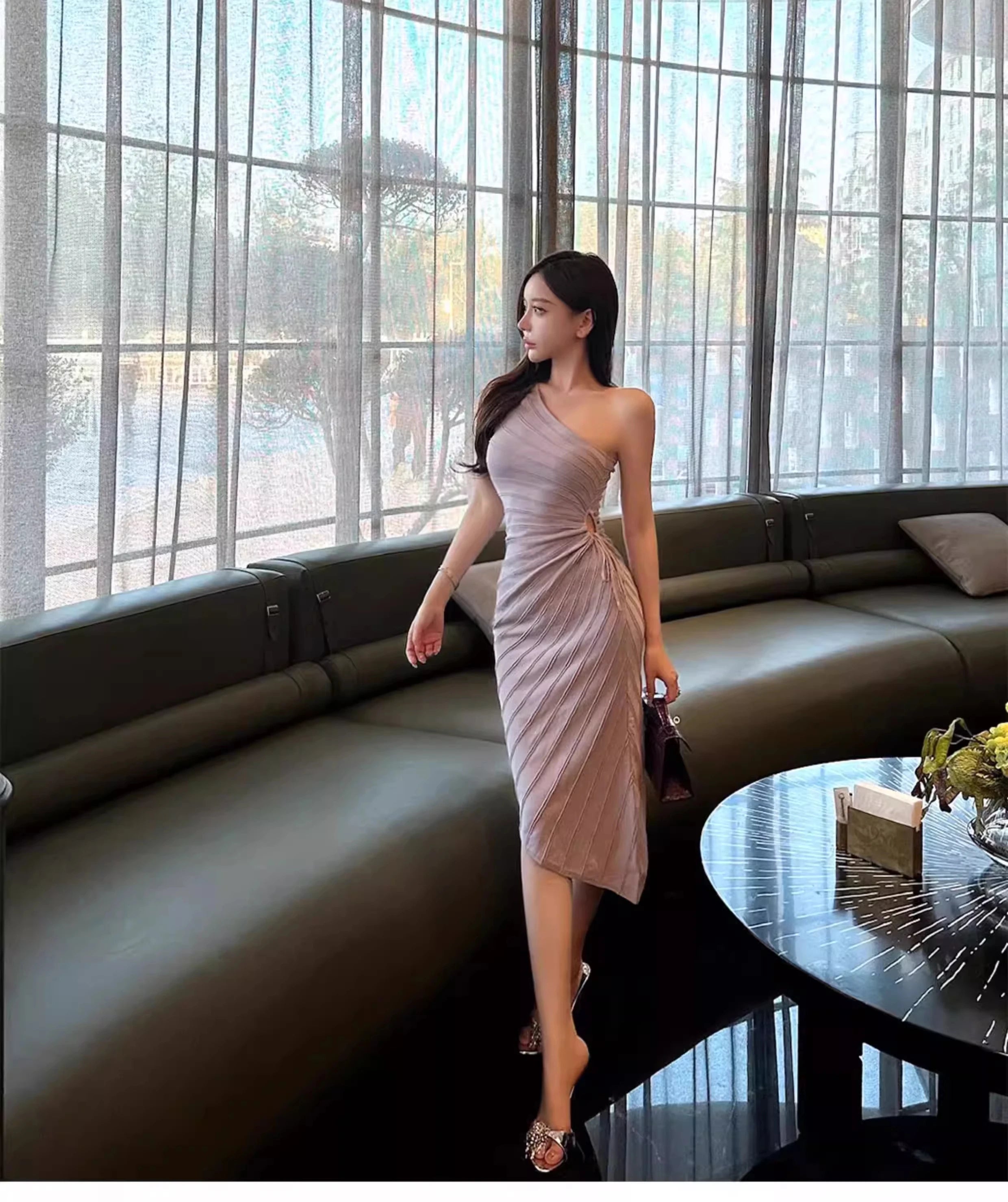 Women Elastic Summer Simple Party Dresses Sexy Irregular One Shoulder Stripe Sheath Pencil Dress