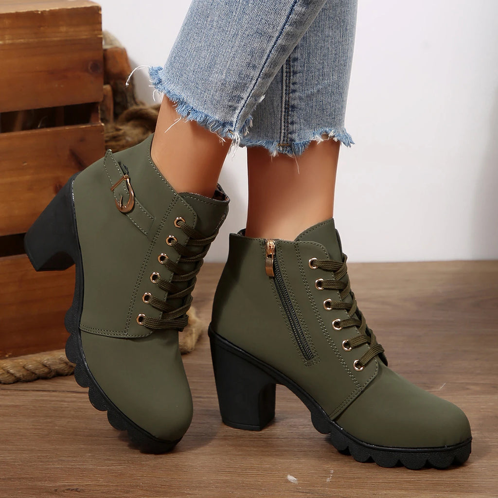 2025 Women High Heel Ankle Boots Autumn Lace Up Comfortable Short Boots Retro Fashion New Trend Lady Shoes Women Botas De Mujer