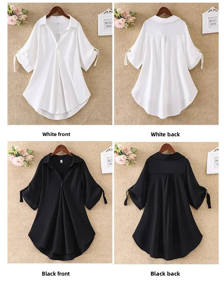 Women's Slimming Chiffon Top 2024 Summer New Style Medium-Length Short Sleeves Plus Size Loose-Fit Waist-Fitted Shirt