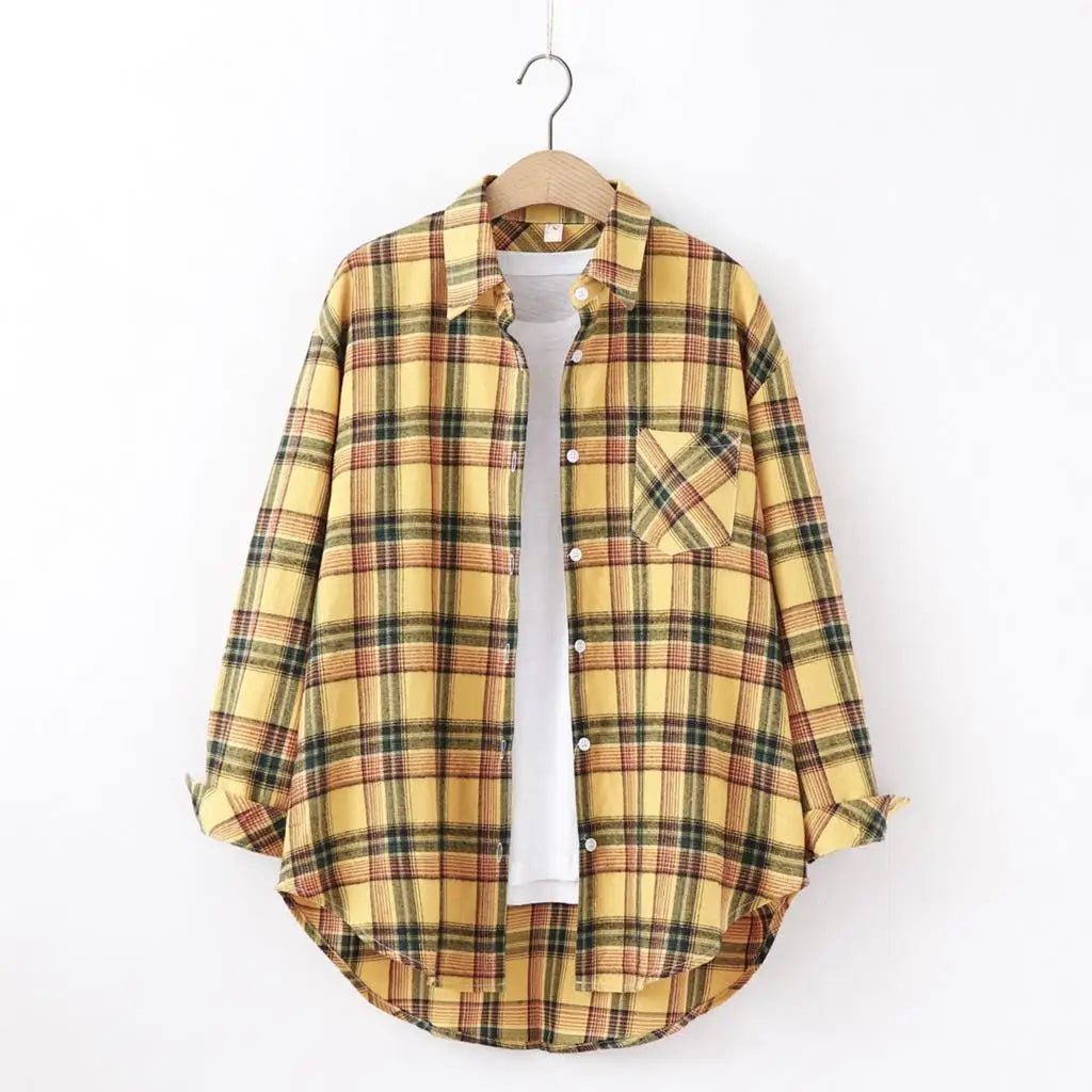 Fresh Flannel Plaid Shirt Women 2025 New Female Blouses and Tops Cotton Loose Long Sleeve Casual Shirts Fine Women's Clothes