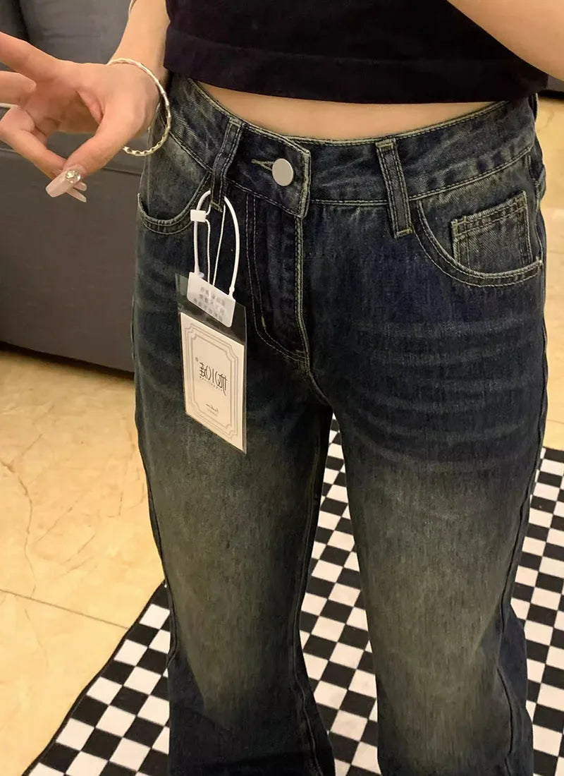 Retro Micro Denim Pants Women Jeans Straight Fit Spring-autumn Style Pear-shaped Figure Large Size High Waist Slimming Effect