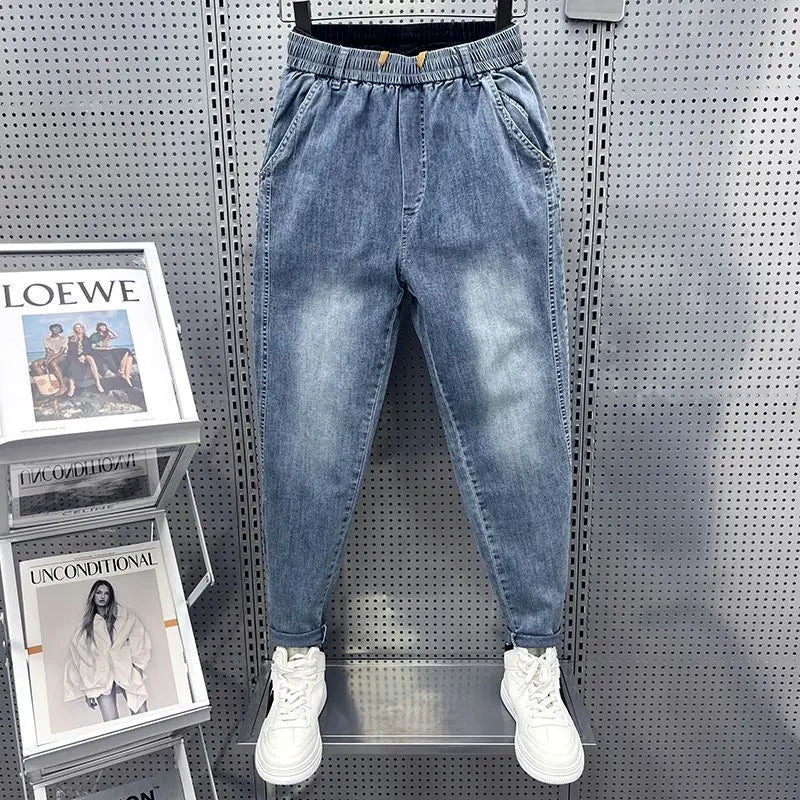 New Men's Loose Harem Jeans Elastic Waistband Slim Straight Leg Pants for Spring Autumn Low Rise Bottom Person Denim Trousers