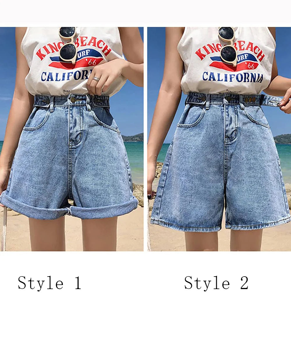 New Summer Women High Waist Button Wigh Leg Jeans Shorts Casual Female Loose Fit Blue Denim Shorts