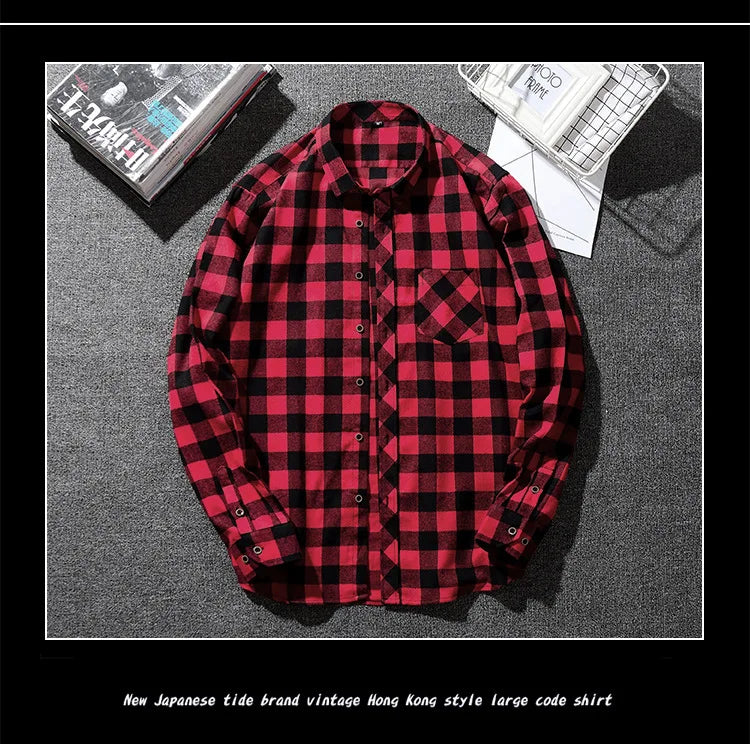 Plus Size M-5XL Men's Western Style Plaid Long Sleeve Shirt, Brushed Flannel Fabric, Loose Fit Casual Wear