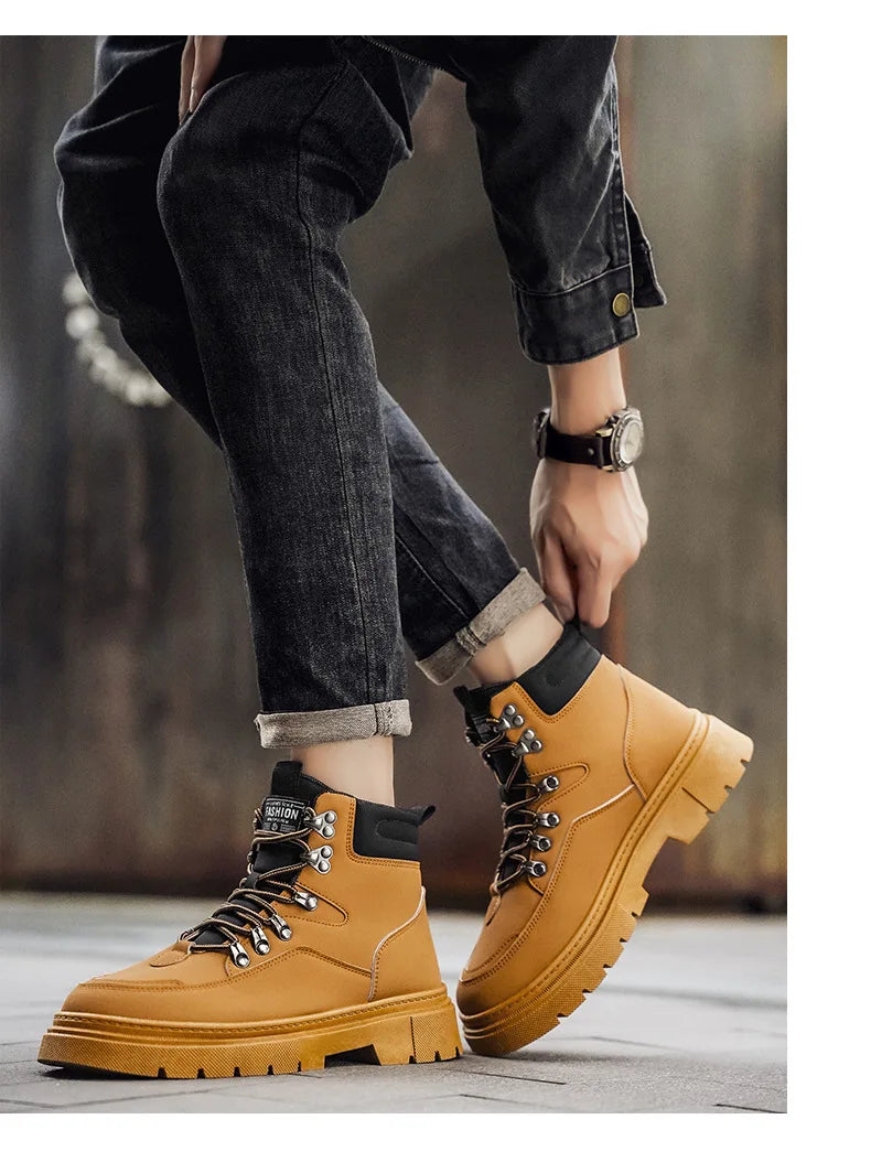 New Men's Leather Boots Brand Retro Comfortable Boots for Men 2025 Fashion High Top Non Slip Casual Shoes Business Work Shoes