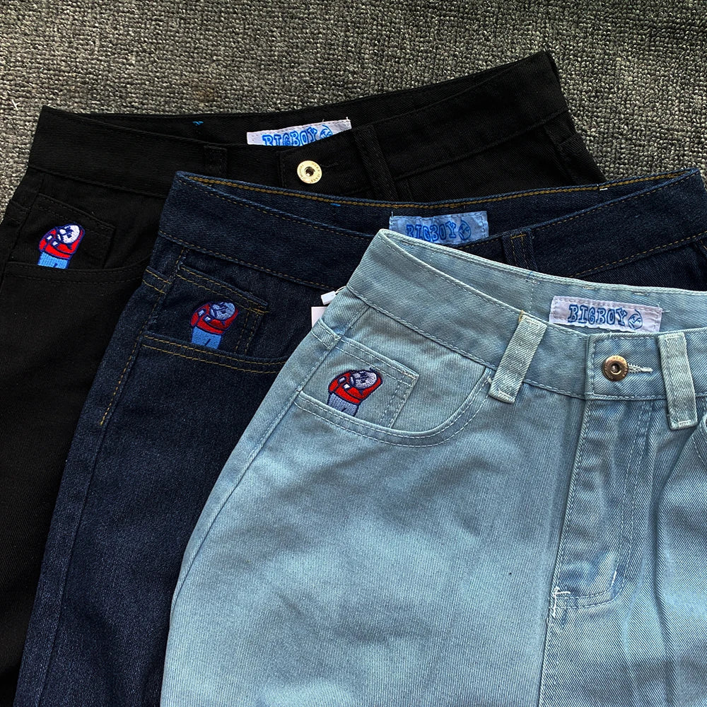 Y2K Embroidery Baggy Boy Jeans Women Streetwear Gothic Cartoon Blue Straight Jeans Retro Punk Rock High Waist Denim Trousers