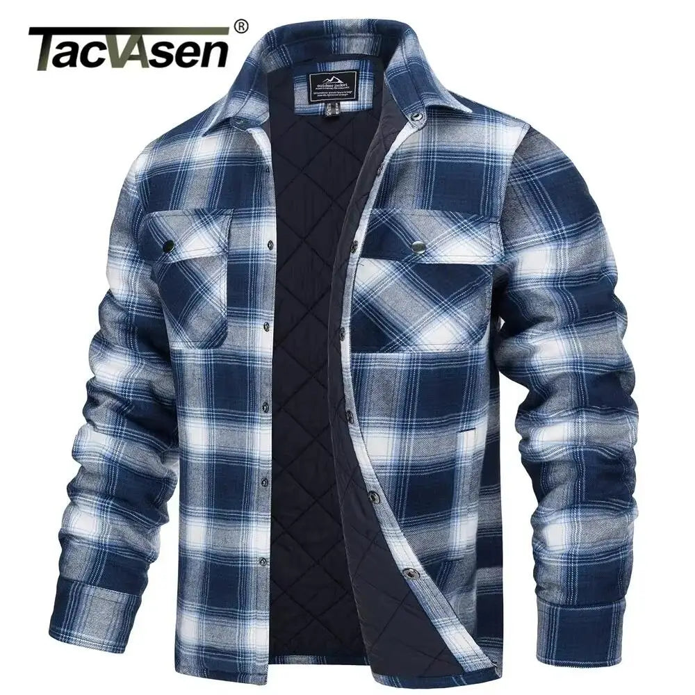 TACVASEN Winter Plaid Cotton Jackets Mens Long Sleeve Quilted Lined Flannel Shirt Jacket Multi-Pockets Outwear Hiking Coats Tops